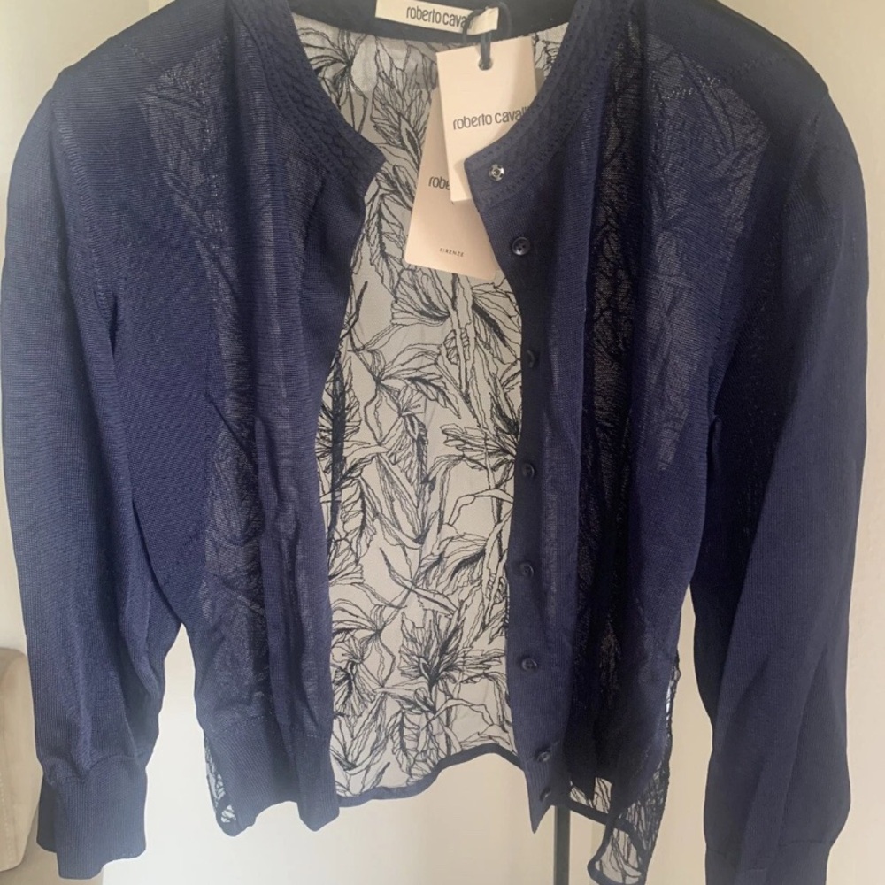 Roberto Cavalli Deep Blue Sheer Cardigan. NWT size 42-M & 44-L